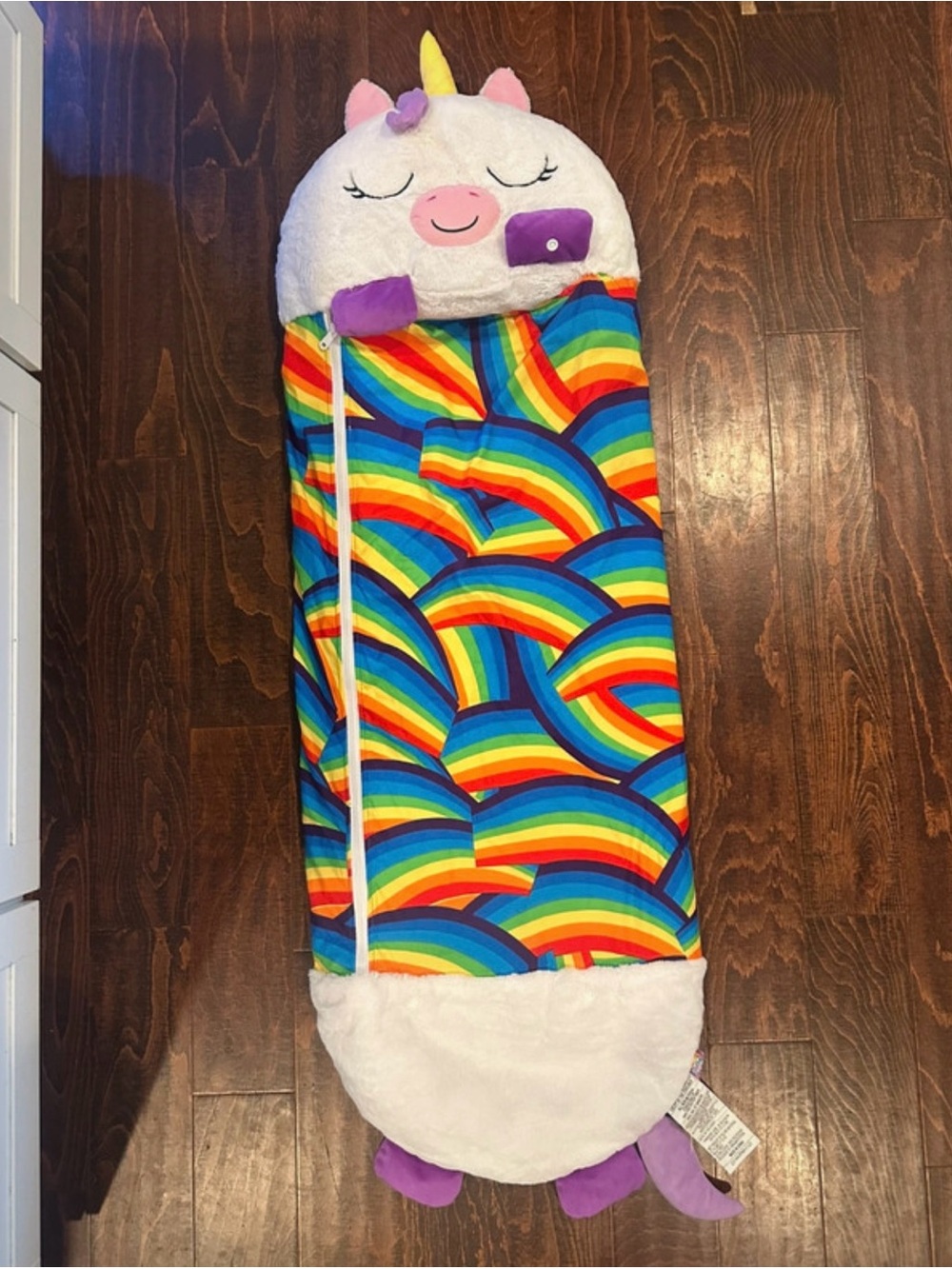 Happy Nappers brand White Unicorn 2-in-1 Pillow & Sleepy Sack rainbow pattern SM